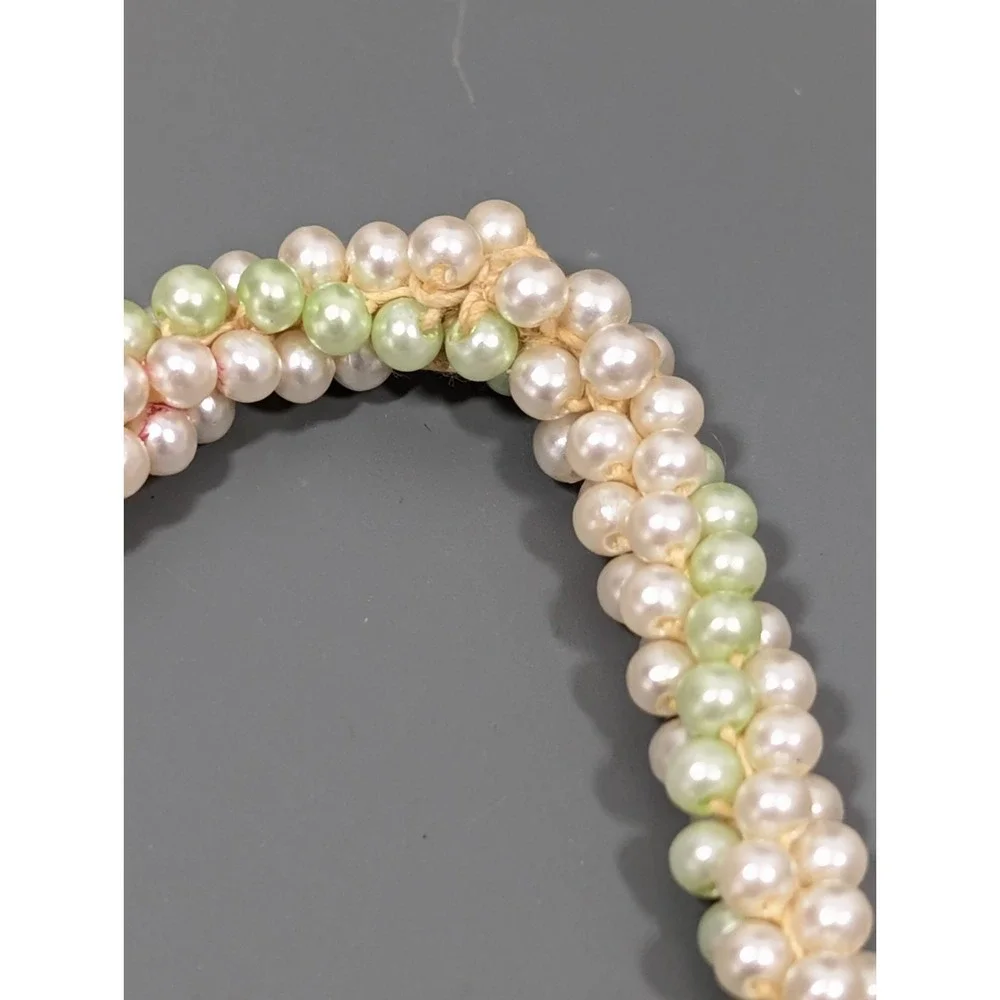 Vintage Green Cream Cluster Woven Faux Pearl Layering Long Necklace‎ 42 in